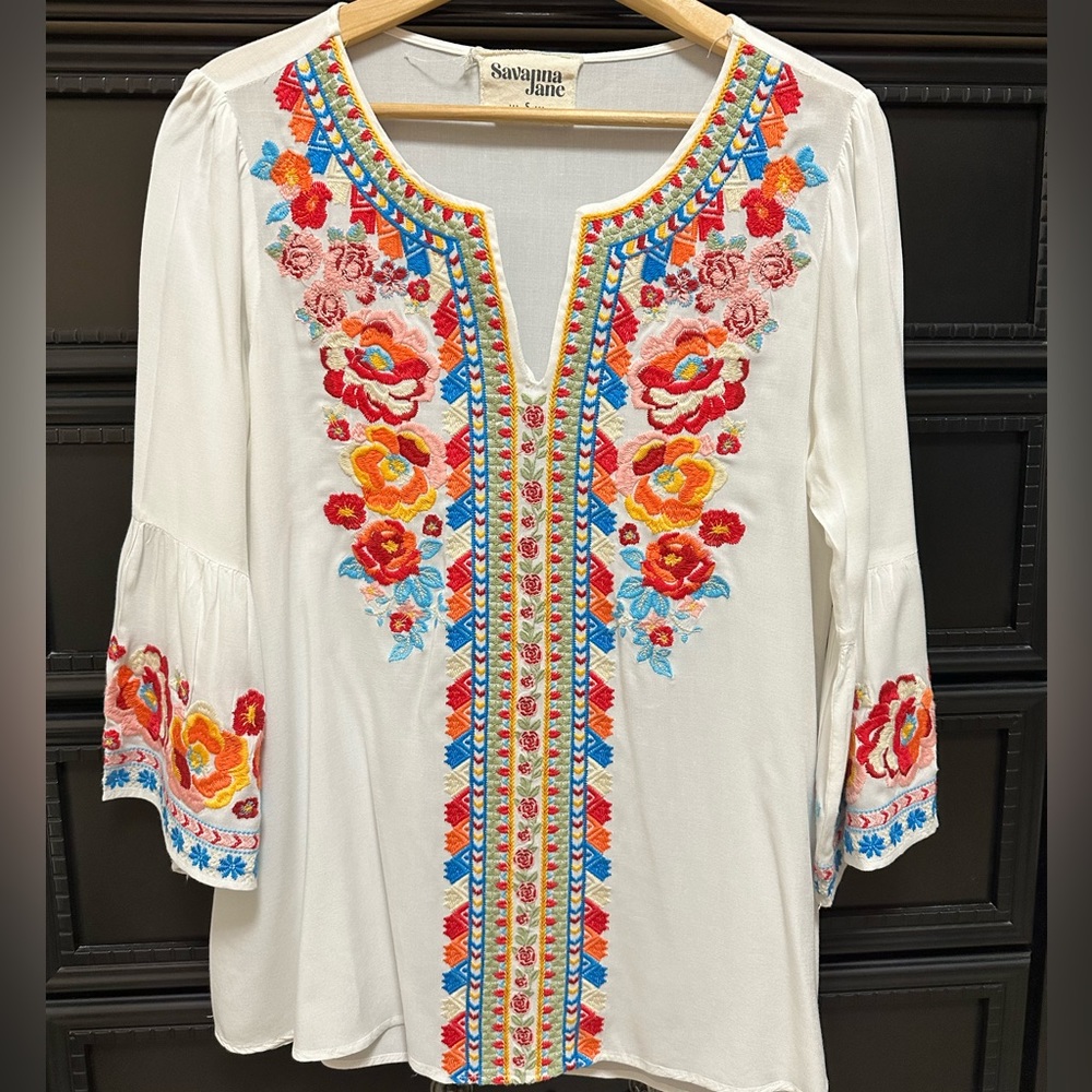 Savanna Jane Ivory Blouse with Colorful Floral Embroidery